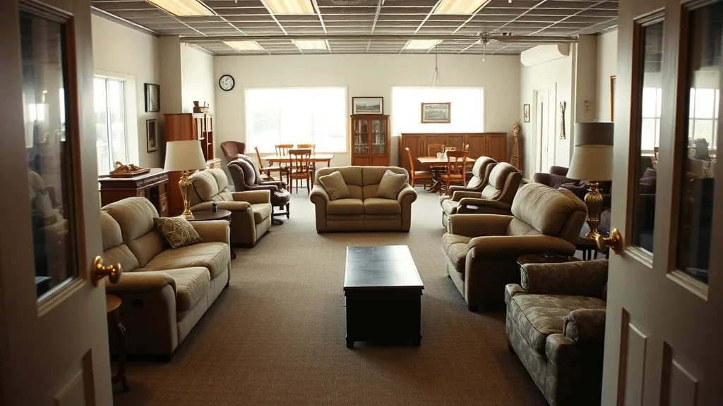 The furniture half of a showroom seen from the doorway, sofas and recliners on a brown carpeted floor with dining sets and a china cabinet beyond, daylight from the front windows.