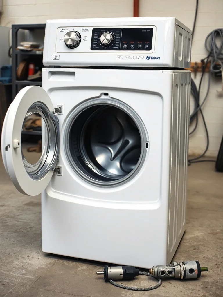 A white top load washing machine opened up on the concrete floor of a repair shop with its drum exposed and a pump and hose lying beside it.