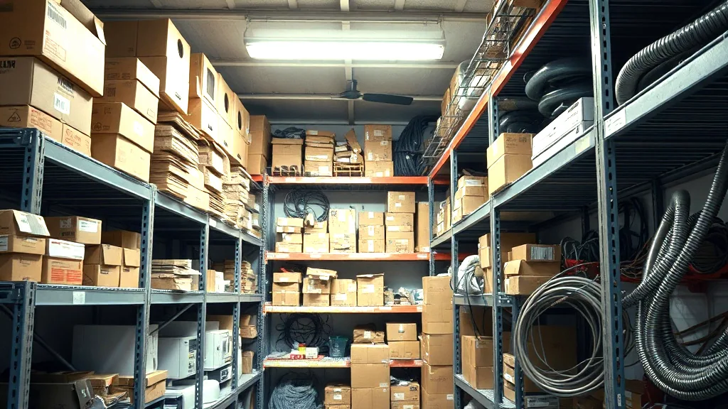 Steel shelving in a back room stacked with cardboard parts boxes, coiled hoses and lengths of flexible ducting under a fluorescent tube.