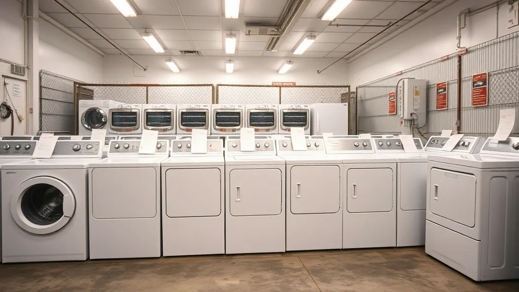 A row of used white washers and dryers lined up on the concrete floor of a small appliance store, blank paper cards taped to the lids.